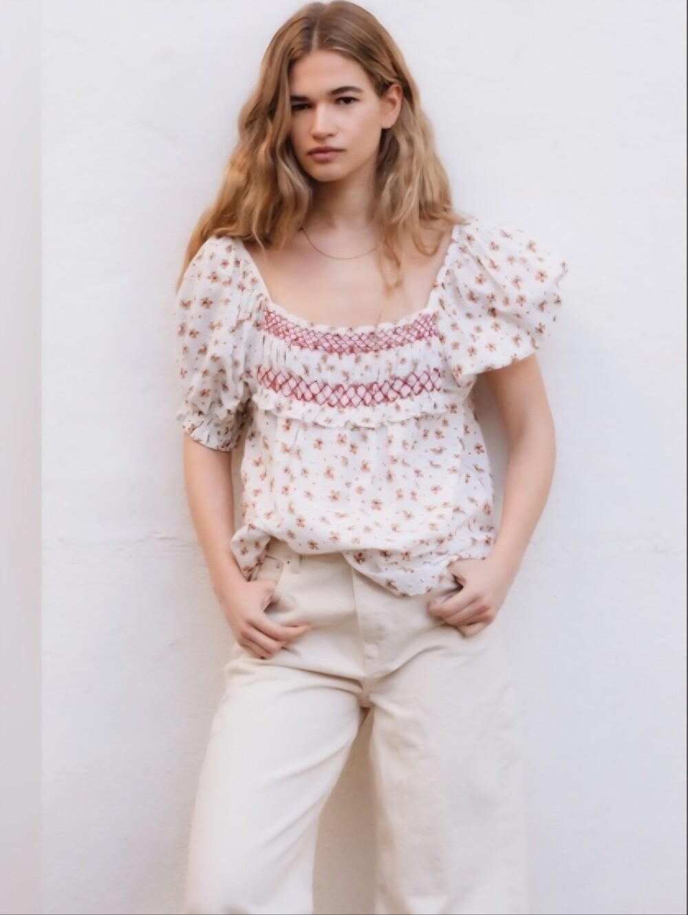 NWOT SOMNER FRIDA ECRU Floral Smocked Babydoll Top - Rust Floral Print